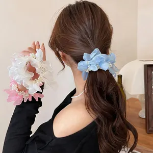 Handmade Korean Style Artificial Pearl Flower Hair Tie Sweet Floral Scrunchie For Women Girls Daily Fashion Accessories