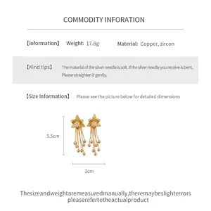 Detailed view of gold plated flower tassel earrings with zircon dimensions and specs