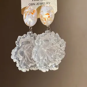 Elegant resin flower dangle earrings with S925 silver needle and orange gold flakes
