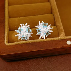 Détail macro de boucles d'oreilles élégantes en zircon bleu clair dans une boîte à bijoux