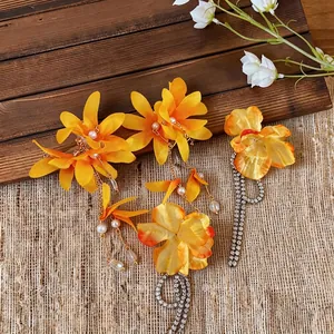 Elegant fabric flower earrings with rhinestone tassels for beach holiday style