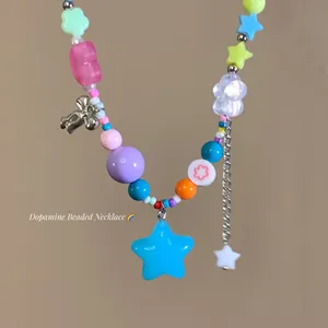 Dopamine Style Colorful Star Beaded Necklace For Women Sweet Cool Y2K Acrylic Beads Alloy Bow Clavicle Chain Jewelry Gift