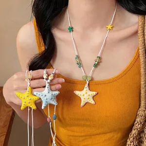 Handmade Ceramic Starfish Pendant Necklace Vacation Style Dopamine Color Bead Shell Decor Bohemian Jewelry For Women Summer Beach