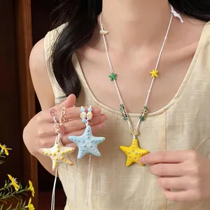 Bohemian style colorful ceramic starfish pendant necklace for women beach vacation