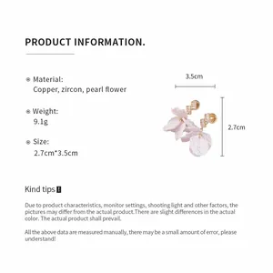 Detail view of pink pearl flower earrings with copper, zircon, and manual measurement data