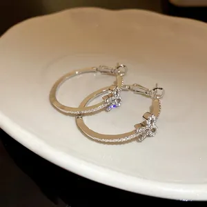 Primo piano dettagliato di eleganti orecchini a cerchio in argento con motivo a farfalla scintillante