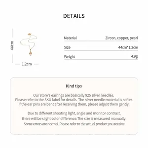 Detailed view of zircon and pearl necklace with dimensions and material parameters
