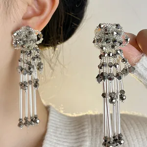 Vintage Palace Style Floral Long Tassel Stud Earrings For Women Silver Grey Glass Bead Handmade Wedding Party Jewelry Gift