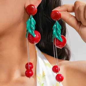 Vintage Cherry Resin Ball Tassel Stud Earrings With S925 Silver Post Sweet Leaf Long Chain Earrings For Women Fashion Jewelry