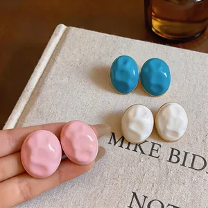 Macaron Color Acrylic Oval Stud Earrings With 925 Sterling Silver Post Wavy Texture Alloy Edge Fashion Jewelry For Women