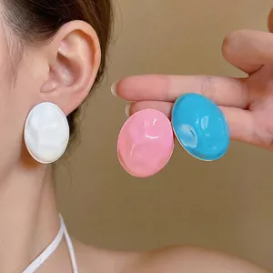 Large macaron color acrylic oval stud earrings with hammered texture for women