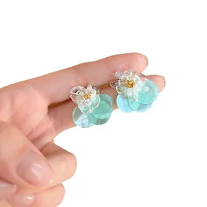 Summer flower shell stud earrings with mint green sequins and silver needles design