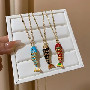 Trendy colored enamel fish pendant necklace with gold chain for women