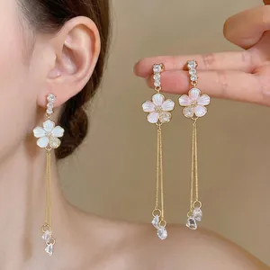 French Luxury Copper Zirconia Enamel Flower Tassel Ear Clips For Women With 925 Sterling Silver Earring Post Elegant Earrings Jewelry