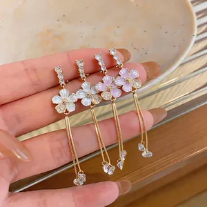 French style floral tassel clip-on earrings with oil-dripping petals and crystals