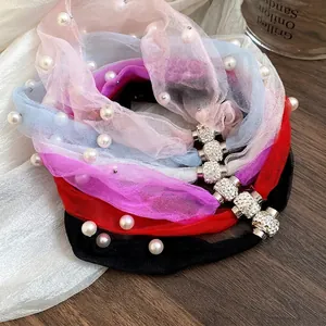 Romantic mesh necklace with pearls, rhinestones, and magnetic clasp in multiple colors