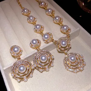 Vintage Hofstil Legierung Künstliche Perle Strass Schmuckset Für Damen Vergoldet Halskette Ohrringe Mode Luxus Accessoire