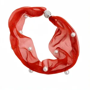 Resort style red mesh necklace with pearls and rhinestone magnetic clasp