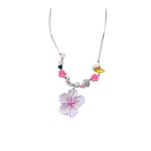 Summer vacation style resin flower beaded necklace with stone and glass beads choker