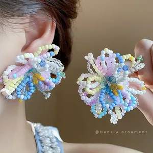 Handmade Multicolor Glass Beaded Flower Stud Earrings With 925 Sterling Silver Earring Post For Women Vacation Jewelry