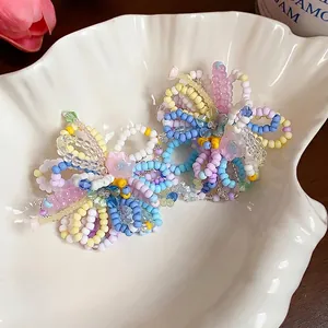 Handmade colorful dopamine style beaded flower stud earrings for summer resort vacation fashion
