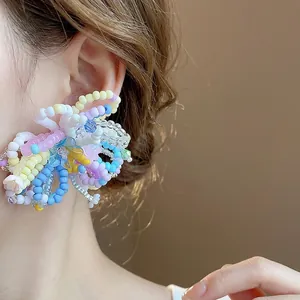 Colorful handmade dopamine style beaded flower stud earrings for summer beach vacation