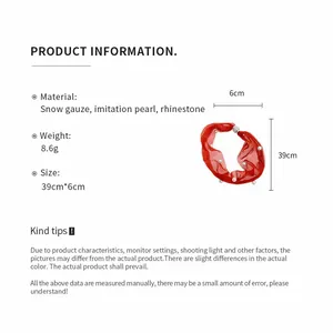 Red snow gauze necklace with pearls and rhinestones, 39cm length, product information card