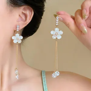 Elegant French luxury oil-drip flower tassel clip earrings for women with crystal charms