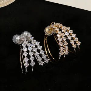 Sparkling zircon double-layer round clip-on earrings for non-pierced ears in silver and gold