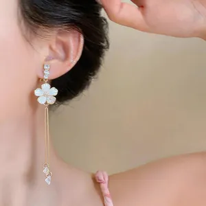 Elegant French style oil drop flower tassel clip earrings shown on an Asian model's ear