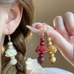 Chinese Style Vintage Wood Bead Lotus Carving Ear Hook Earrings For Women Elegant Handmade Minority Design Jewelry