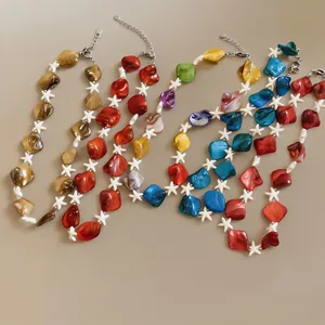 Detailed view of colorful shell and starfish beaded necklaces for beach vacations.