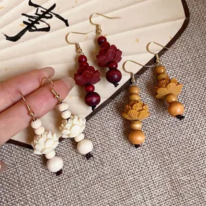 Vintage Chinese style lotus wooden bead earrings with gold hooks for women