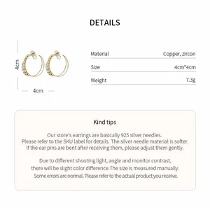 Detail view of double-layer zircon clip-on earrings with material and size specifications