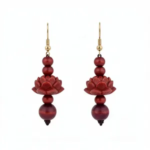 Vintage Chinese style lotus drop earrings featuring carved red wooden beads on gold hooks