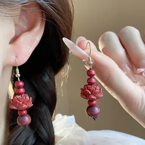 Exquisite vintage Chinese style red wooden bead lotus flower hook earrings for women