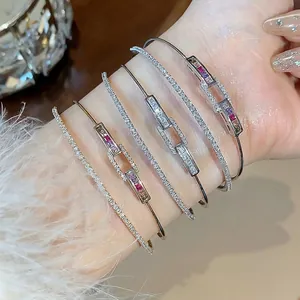 Luxury 18K Gold Plated Copper Multicolor Zirconia Double Layer Rectangular Bangle Vintage Open Cuff Bracelet For Women