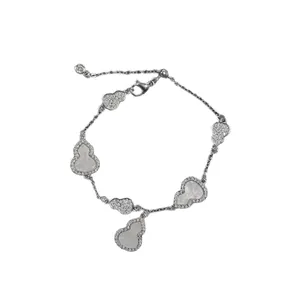 Elegant silver gourd bracelet with sparkling zircon and mother-of-pearl for women