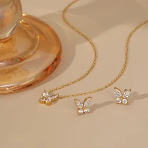 Roestvrij Staal Zirconia Vlinder Hanger Ketting En Oorknopjes Voor Vrouwen Elegante Goud Zilver Vergulde Sieradencollectie