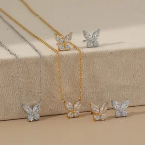 Elegante goud en zilver vlinder zirkoon ketting en oorbellen set van roestvrij staal