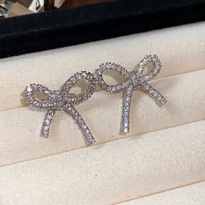 Sparkling silver zircon bow-knot ear clips for non-pierced ears, elegant style