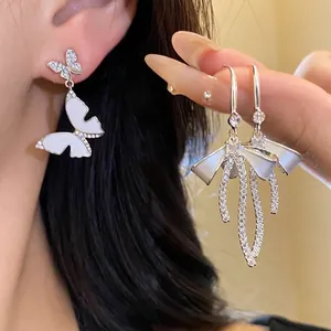 French Style Butterfly Bow-knot Copper Enamel Rhinestone Earrings Sweet Elegant Ear Studs For Women Daily Jewelry Gift
