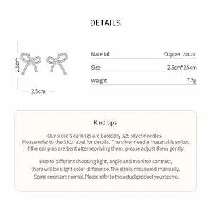 Detailed specifications for sparkling zircon bowknot earrings showing 2.5cm size