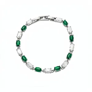 Elegant silver-toned bracelet featuring sparkling green and white oval-cut zircons