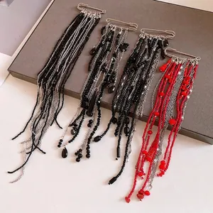 Exquisite vintage style safety pin brooch with elegant long bead and chain tassels in red and black