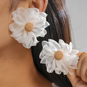 Western Resort Style Chiffon Flower Stud Earrings With Silver Earring Post Handmade Woven Raffia Petal Earrings For Women Fashion Jewelry