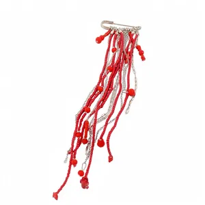 Elegant vintage red beaded tassel brooch with silver safety pin design for women