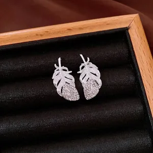 Elegant vintage silver needle rhinestone feather stud earrings for women and girls