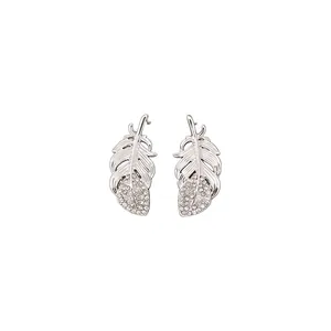 Elegant silver feather stud earrings with sparkling rhinestones in a minimalist style