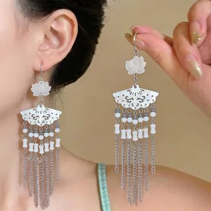 New Chinese Style Fan-Shaped Flower Long Tassel Earrings Elegant Ancient Style Silver White Iron Rhinestone Jewelry For Women
